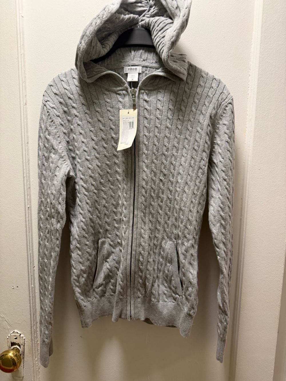 Izod Light Gray Cable Knit Zip-Up Hoodie Sweater
